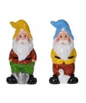 Set van 2x tuinkabouters van 20 cm blauwe en gele muts