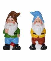 Set van 2x tuinkabouters van 20 cm bruine en blauwe muts